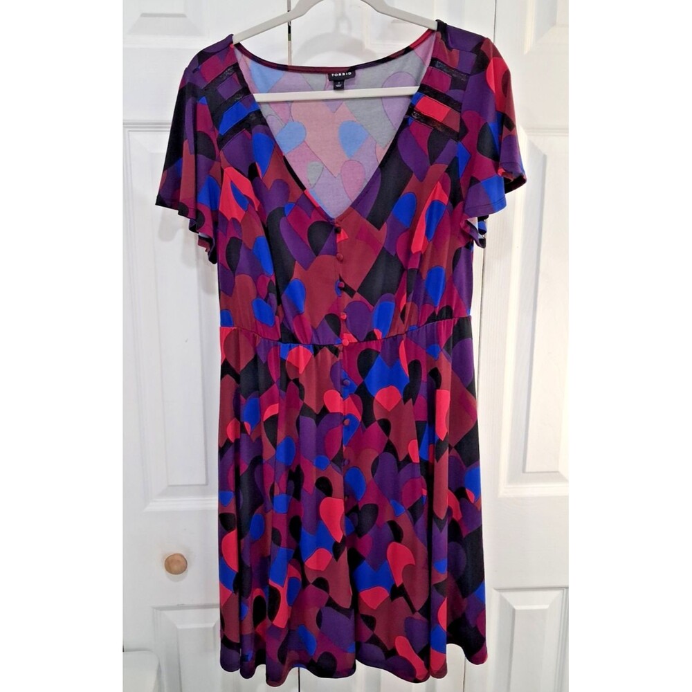 Torrid Studio Knit Multi Heart Dress V-Neck Flutter Sleeve Mini Plus Size